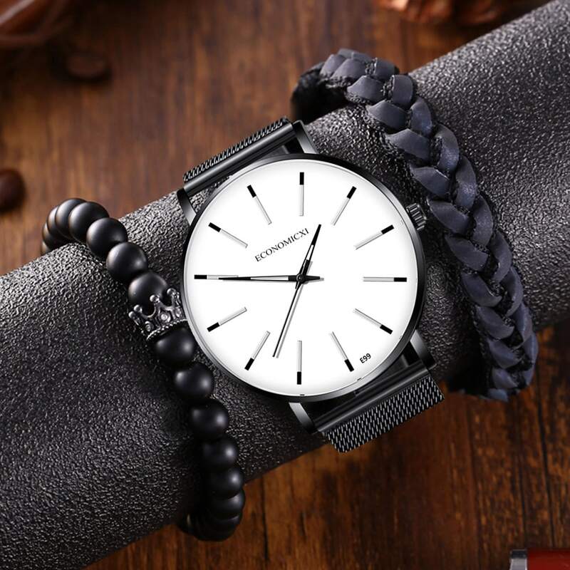 

1pc Guys Round Pointer Quartz Watch & 2pcs Bracelet