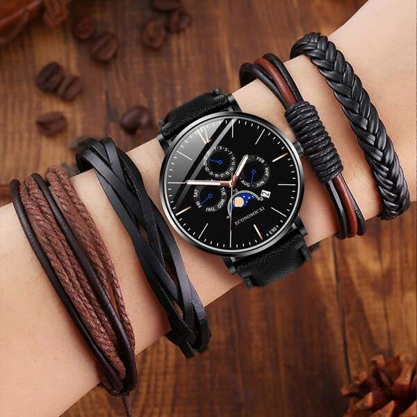 

1pc Men Round Pointer Date Quartz Watch & 4pcs Bracelet