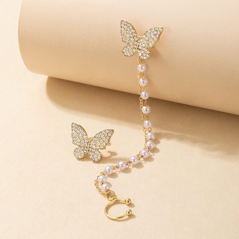 

2pcs Chain Linked Rhinestone Butterfly Earring Set, Gold