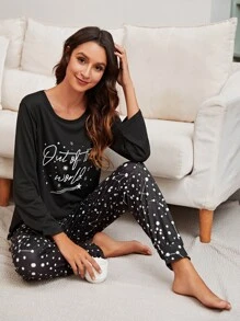 Conjunto de pijama con estampado de letra y galaxia - Negro - Ver 4