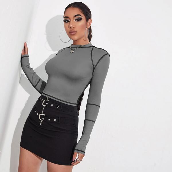 

Contrast Stitch Crop Slim Tee, Grey