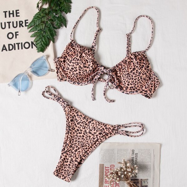 

Leopard Underwire Thong Bikini Swimsuit, Multicolor