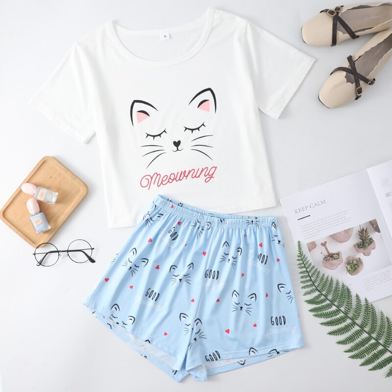 

Cartoon And Letter Graphic Pajama Set, Blue and white