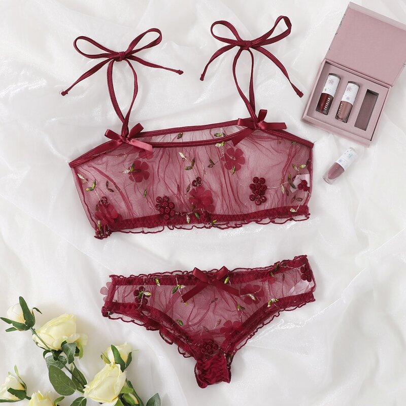 

Floral Embroidered Mesh Lingerie Set, Burgundy