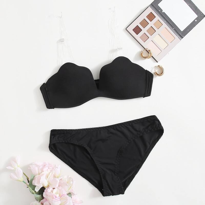 

Clear Strap V Neck Lingerie Set, Black