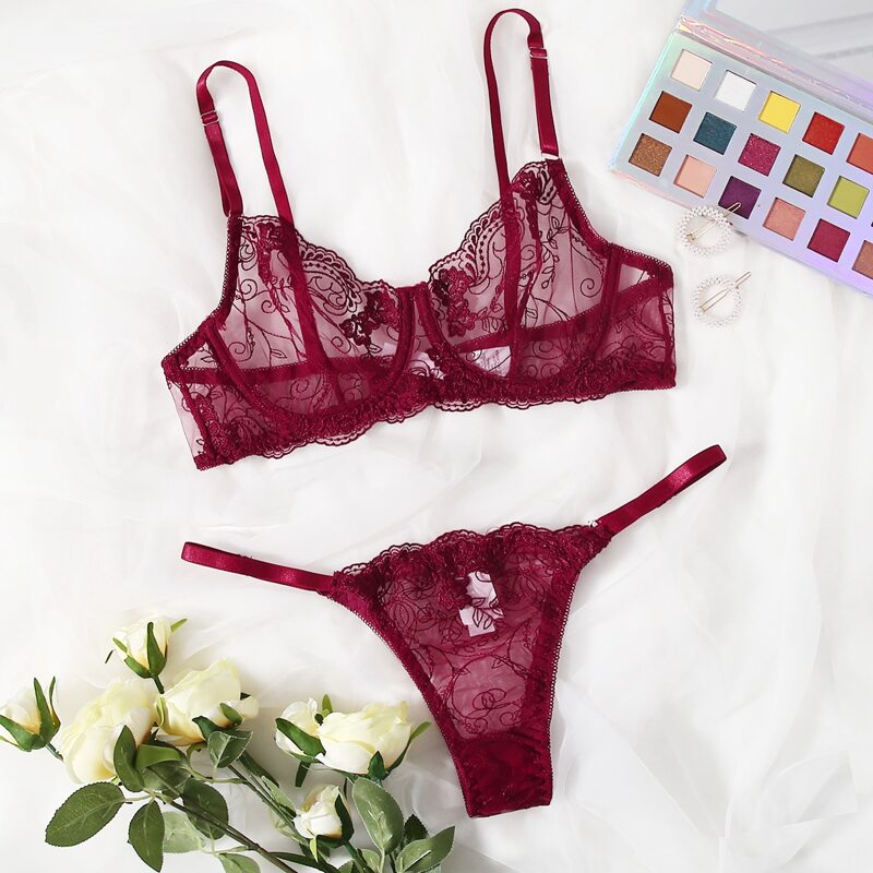 

Embroidered Mesh Underwire Lingerie Set, Burgundy