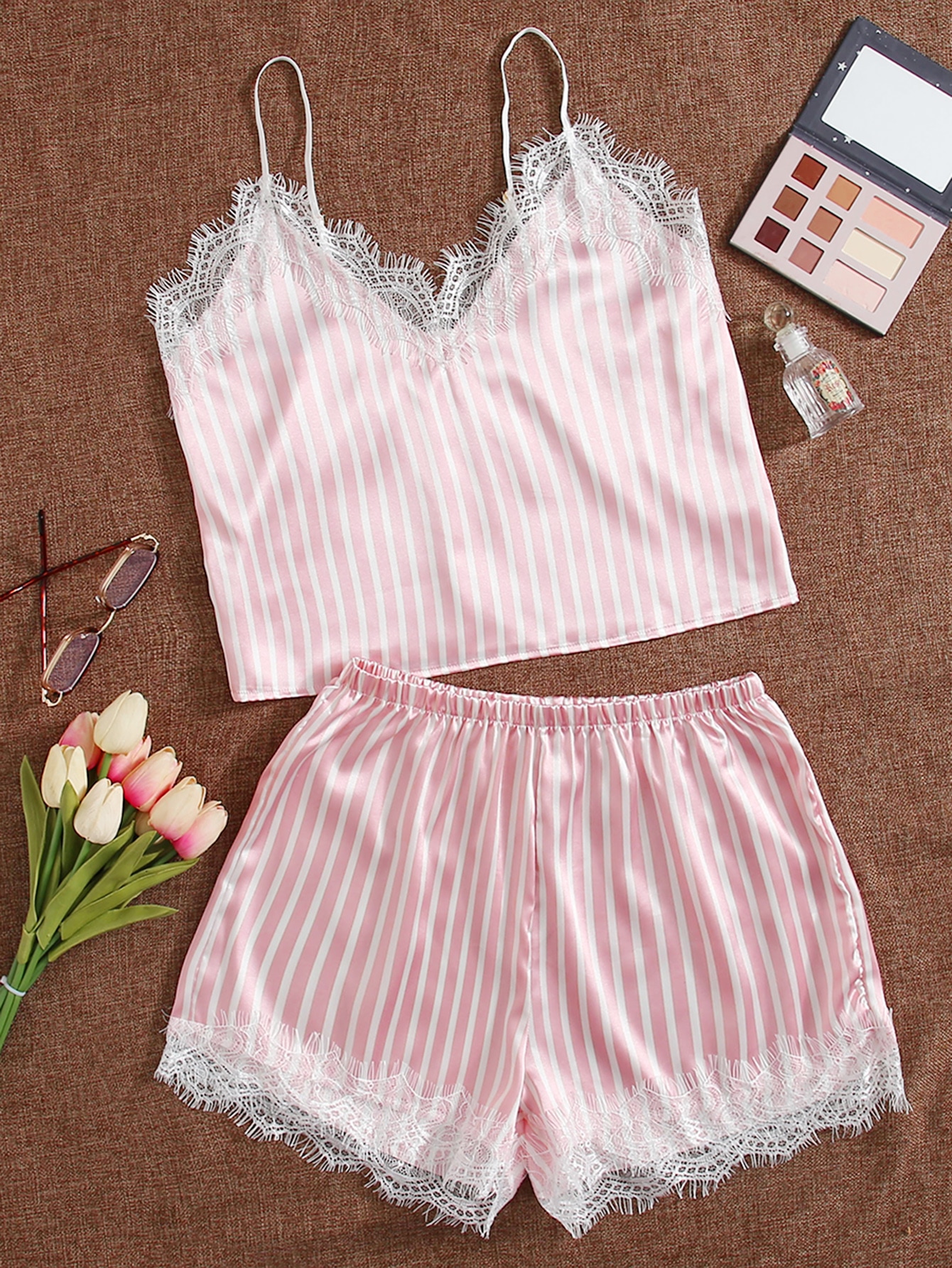 Striped Print Contrast Lace Satin Cami Night Set thumbnail