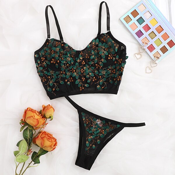 

Embroidered Mesh Underwire Lingerie Set, Black