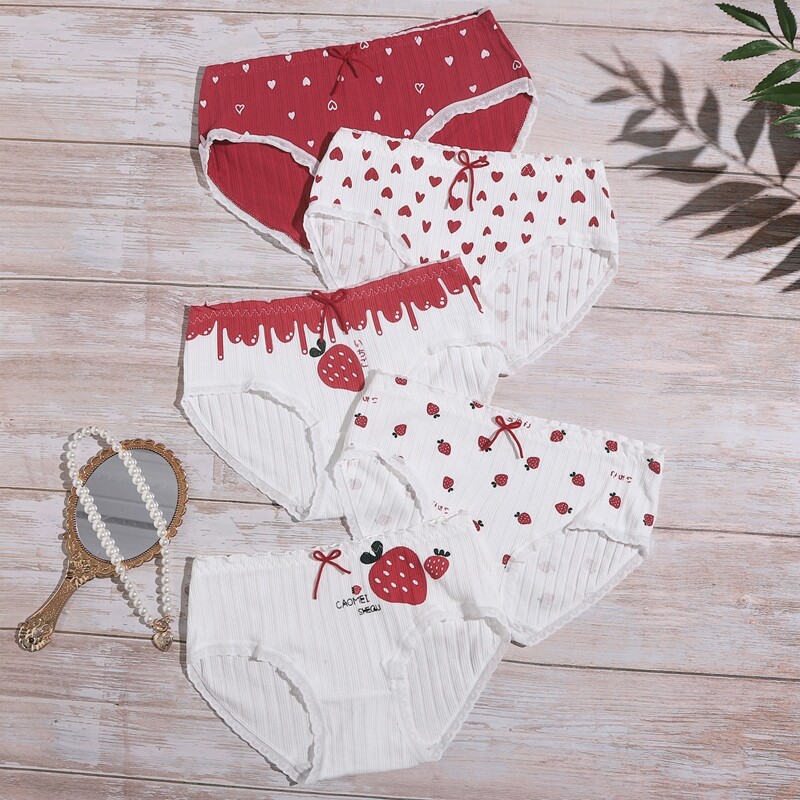 

5pack Strawberry & Heart Print Panty Set, Multicolor