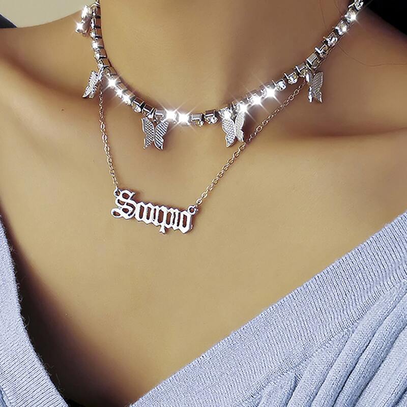 

2pcs Rhinestone Butterfly Charm Necklace, Silver