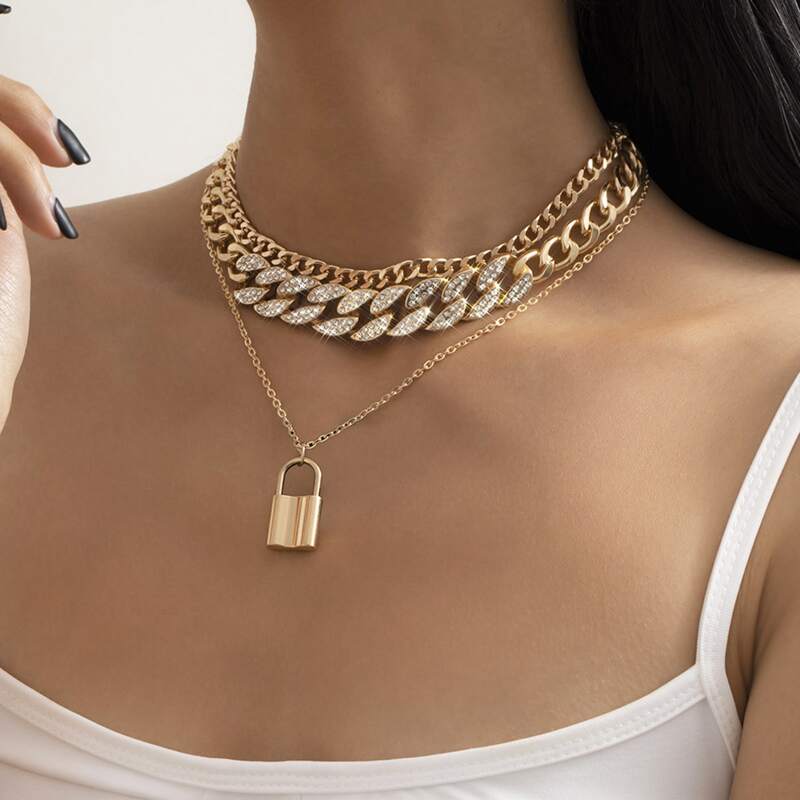 Lock & Rhinestone Decor Layered Necklace, Gold