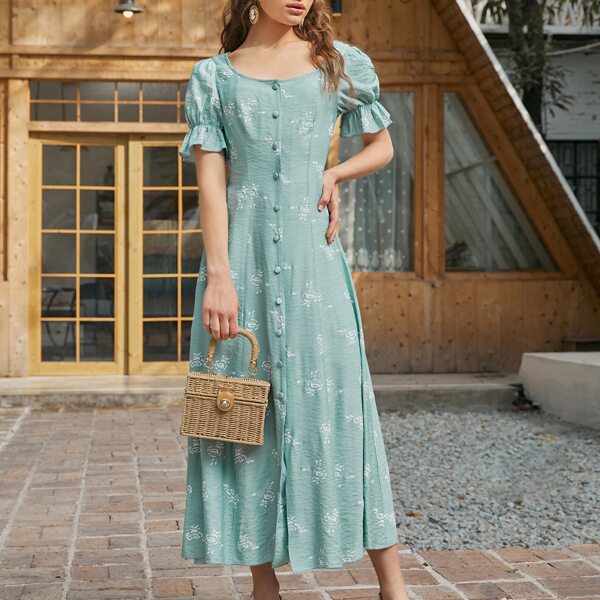 

Floral Print Puff Sleeve Button Up Dress, Mint green