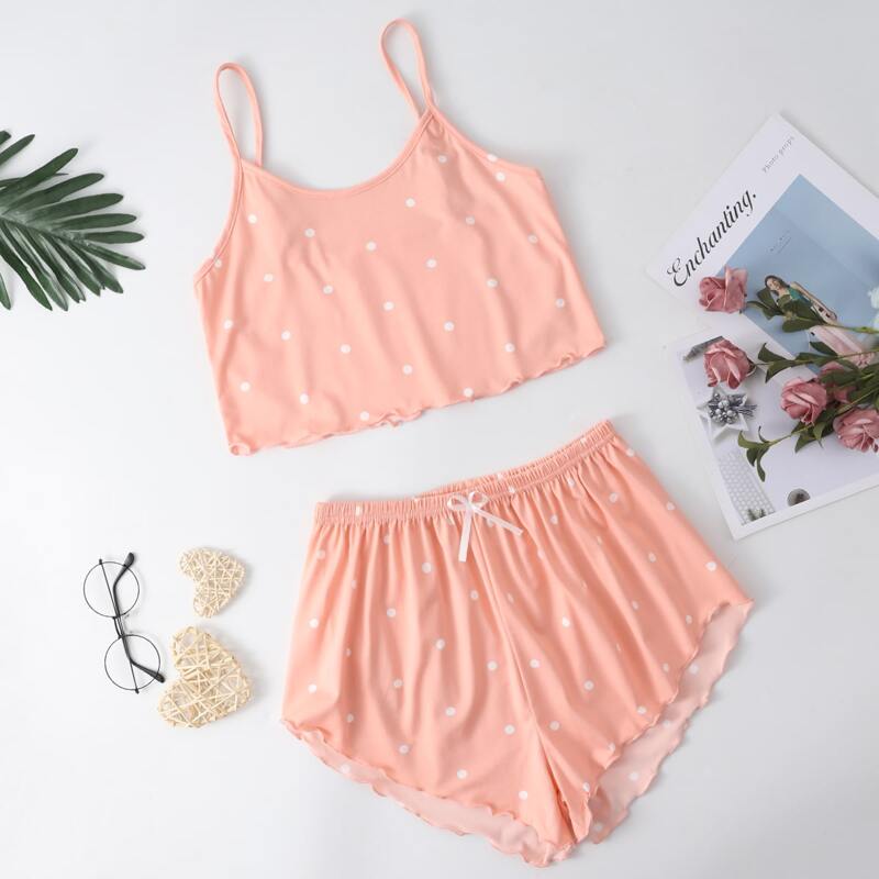 

Polka Dot Lettuce Trim Bow Front PJ Set, Coral pink