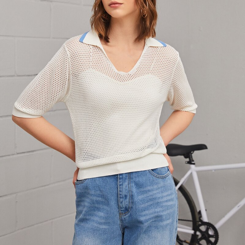 

V-neck Collared Sheer Knit Top Without Cami, White
