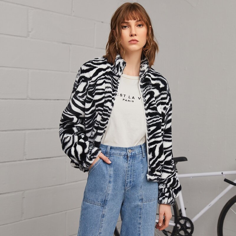 

Zebra Stripe Teddy Jacket, Black and white