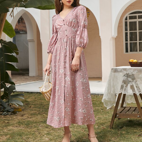 

Ditsy Floral Covered Button Bishop Sleeve Dress, Dusty pink
