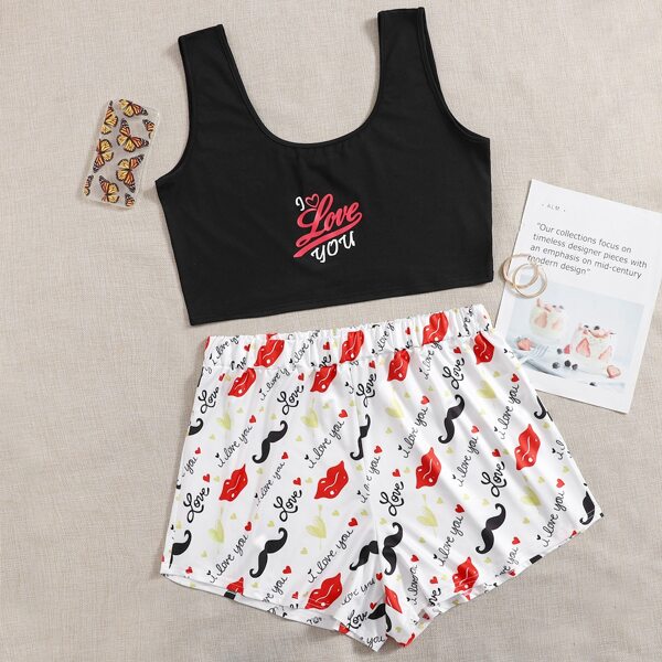 

Plus Slogan And Lip Print Pajama Set, Black and white