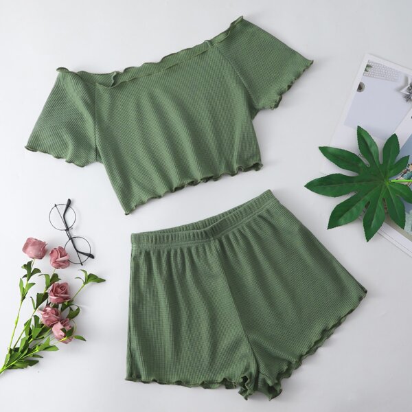 

Lettuce Trim Bardot Waffle Lounge Set, Green