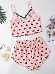 蕾絲面心形圖案吊帶睡衣套裝 - 淺粉色 - 查看 2