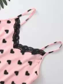 蕾絲面心形圖案吊帶睡衣套裝 - 淺粉色 - 查看 4