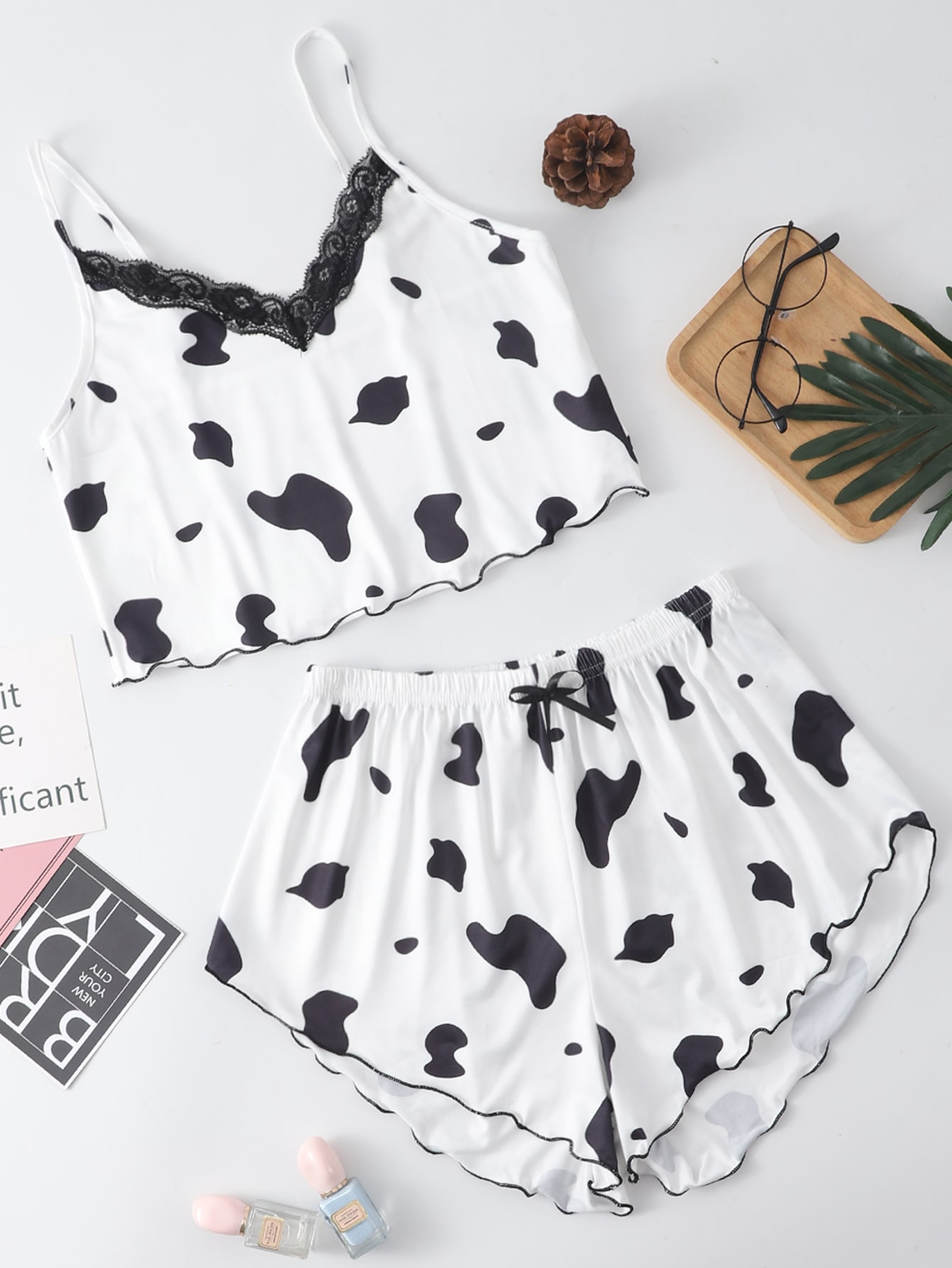 Lace Panel Cow Print Cami Pajama Set thumbnail