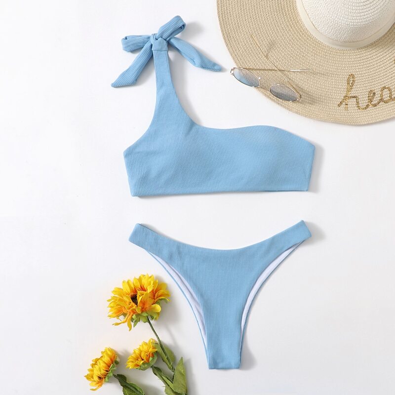 

One Shoulder High Cut Bikini Swimsuit, Baby blue