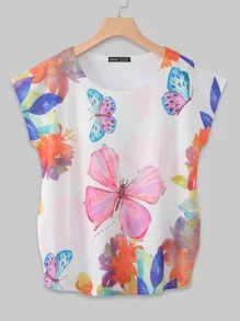Butterfly Print Cap Sleeve Tee - Multicolor - View 1