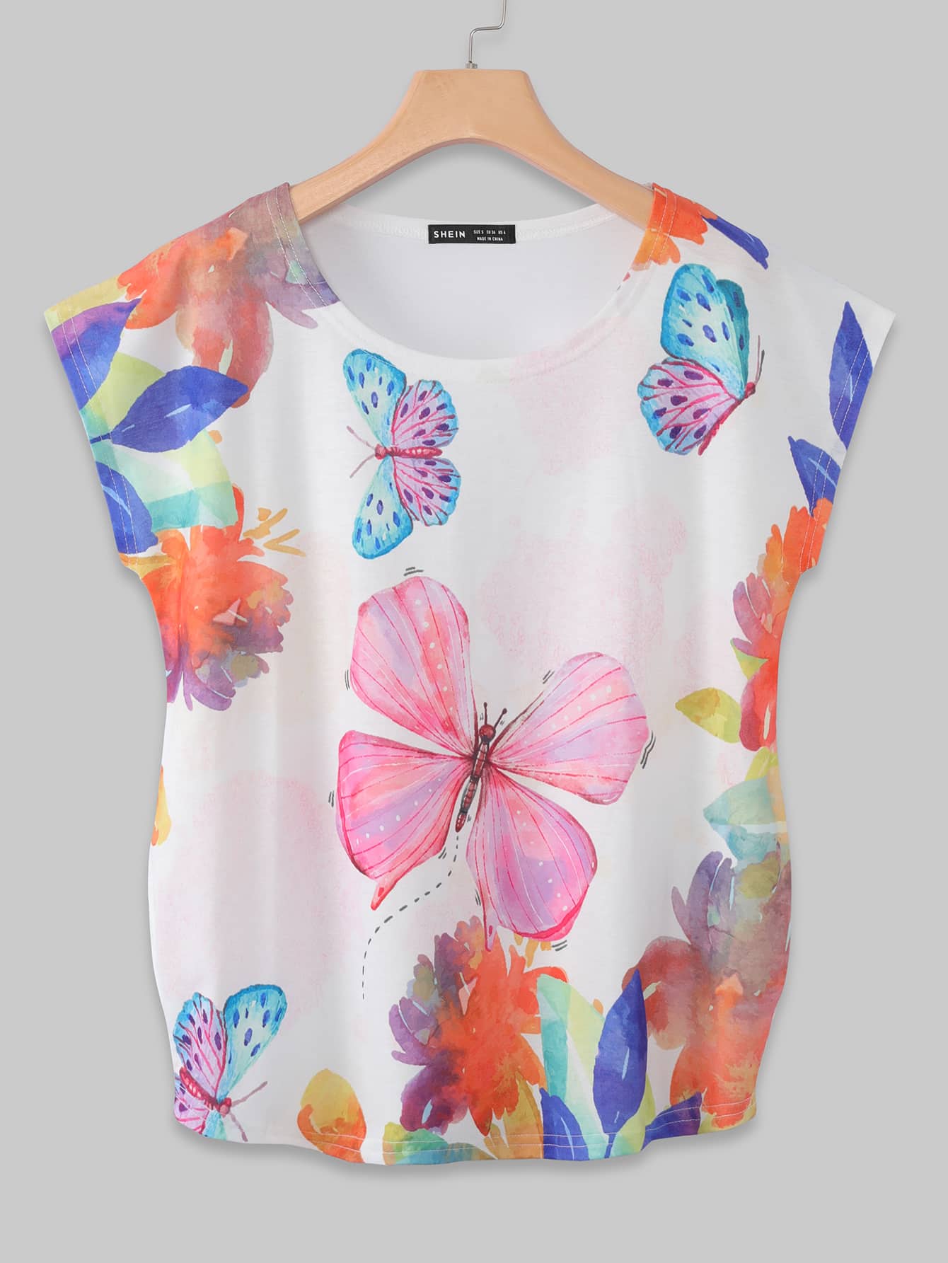 Butterfly Print Cap Sleeve Tee - Multicolor - View 1