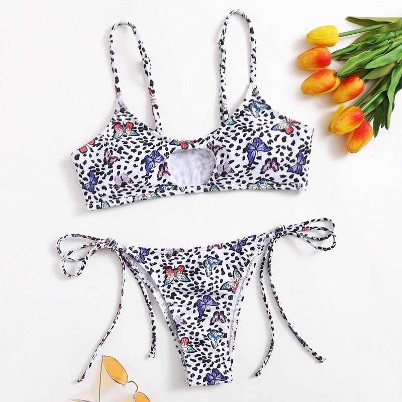

Allover Butterfly Print Tie Side Bikini Swimsuit, White