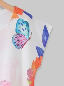 Butterfly Print Cap Sleeve Tee - Multicolor - View 3