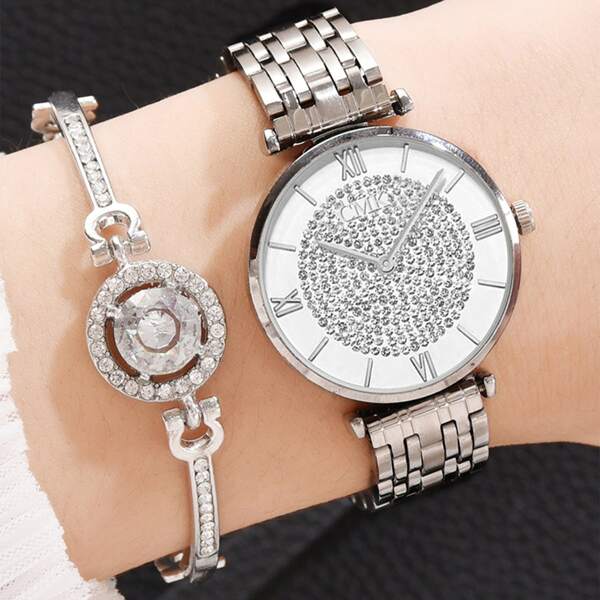 

1pc Rhinestone Decor Round Pointer Quartz Watch & 1pc Bracelet