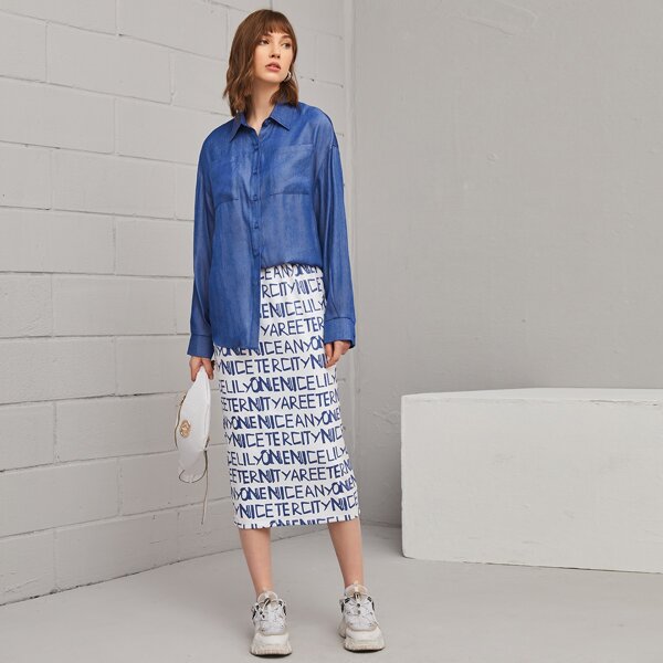 

Drop Shoulder Pocket Front Blouse & Allover Letter Graphic Skirt Set, Blue and white