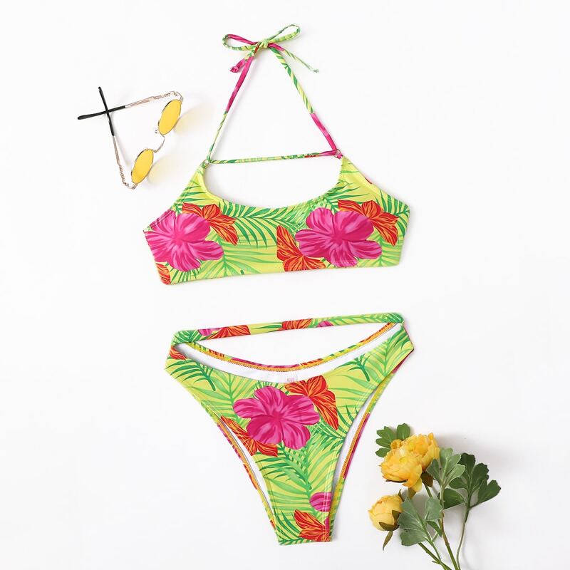 

Floral Cut-out High Cut Bikini Swimsuit, Multicolor
