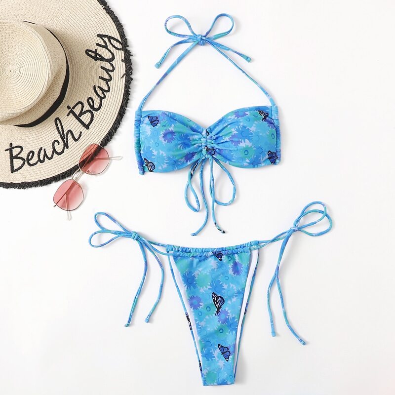 

Floral & Butterfly Tie Side Bikini Swimsuit, Blue