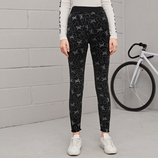 

High Waist Allover Print Velvet Skinny Pants, Black