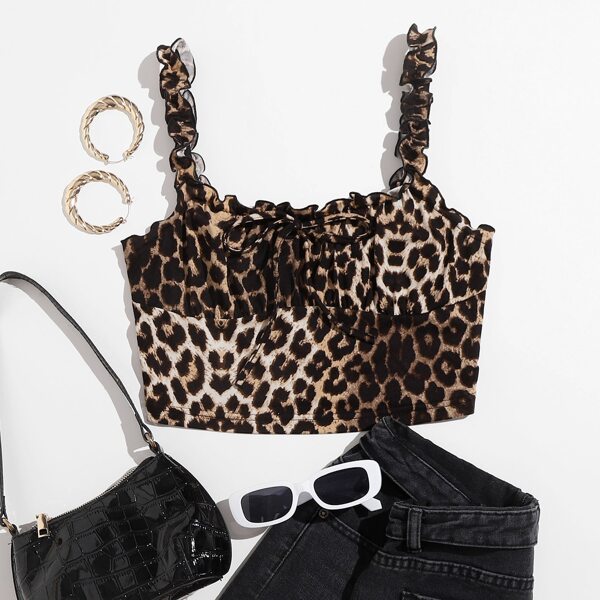 

Tie Front Ruched Bust Frill Trim Leopard Top, Multicolor