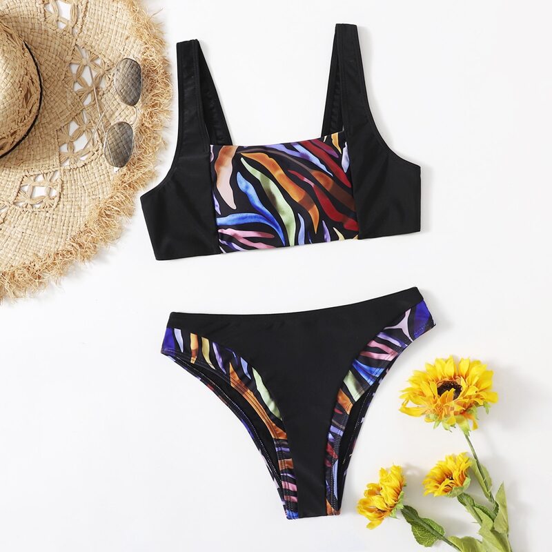 

Colorblock Allover Print Bikini Swimsuit, Black