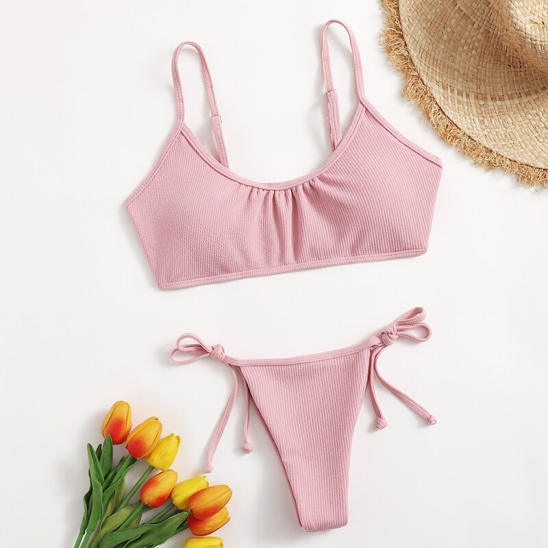 

Solid Tie Side Bikini Swimsuit, Baby pink