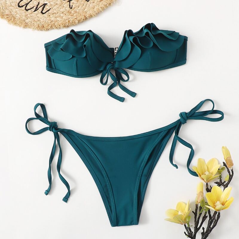 

Solid Ruffle Tie Side Bikini Swimsuit, Teal blue