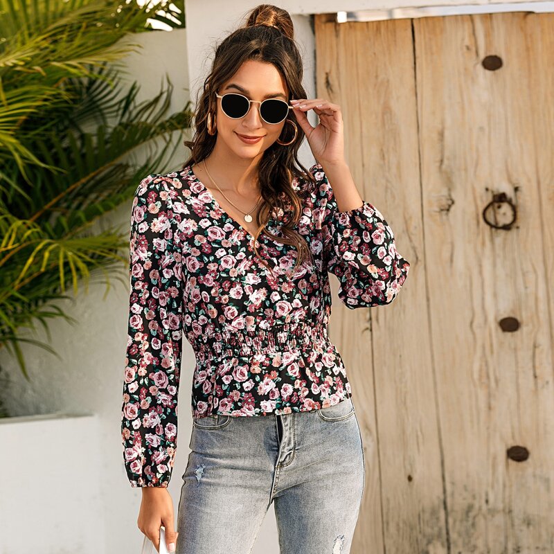 

Lantern Sleeve Surplice Neck Shirred Floral Peplum Top, Multicolor