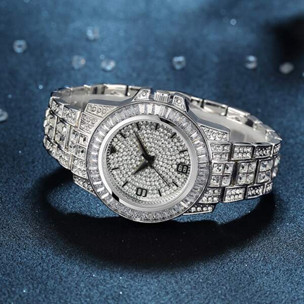 

1pc Rhinestone Decor Round Pointer Quartz Watch