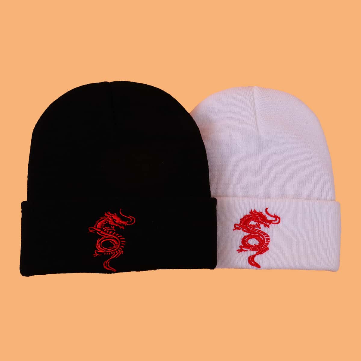 

Guys 2pcs Dragon Embroidery Beanie, Multicolor