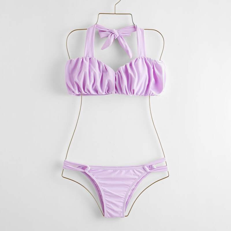 

Solid Ruched Bikini Swimsuit, Lilac purple