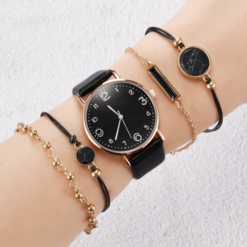 

1pc Round Pointer Quartz Watch & 4pcs Bracelet
