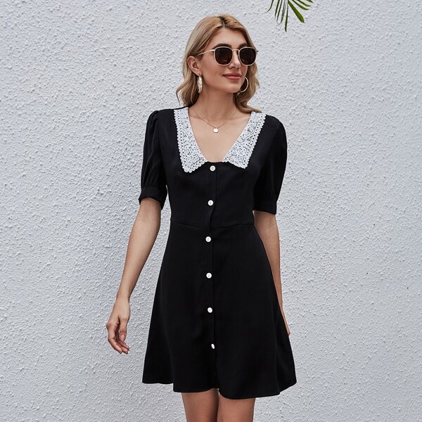 

Puff Sleeve Contrast Lace Collar Dress, Black
