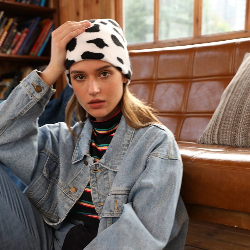 

Cow Print Knit Beanie, Black and white