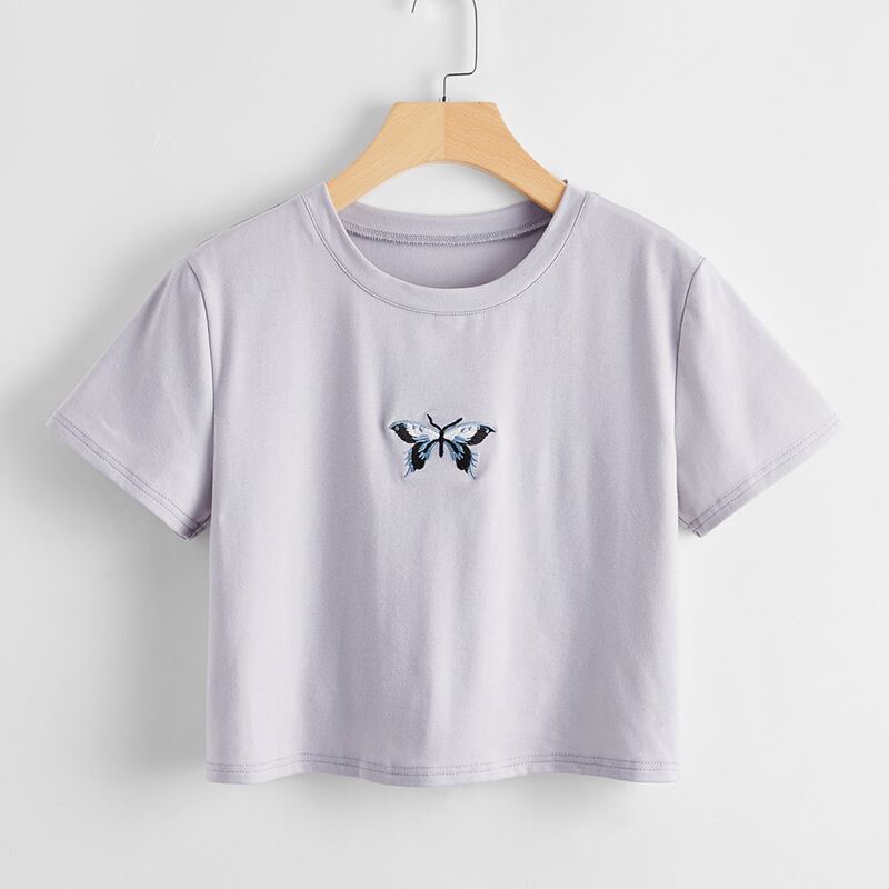 

Butterfly Embroidery Crop Tee, Dusty purple