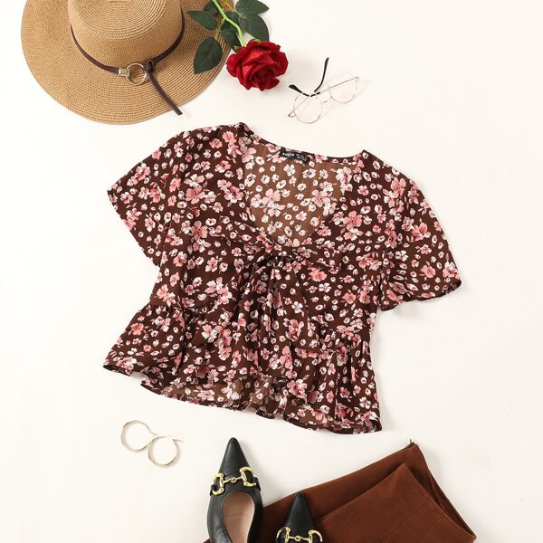 

Tie Front Ditsy Floral Peplum Top, Multicolor