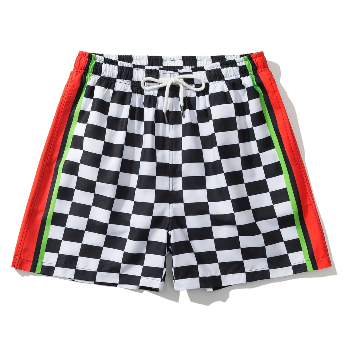 

Guys Checker Print Drawstring Swim Trunks, Black and white