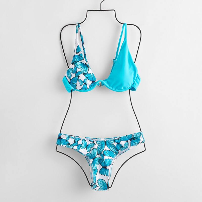 

Contrast Butterfly Print Push Up Bikini Swimsuit, Multicolor